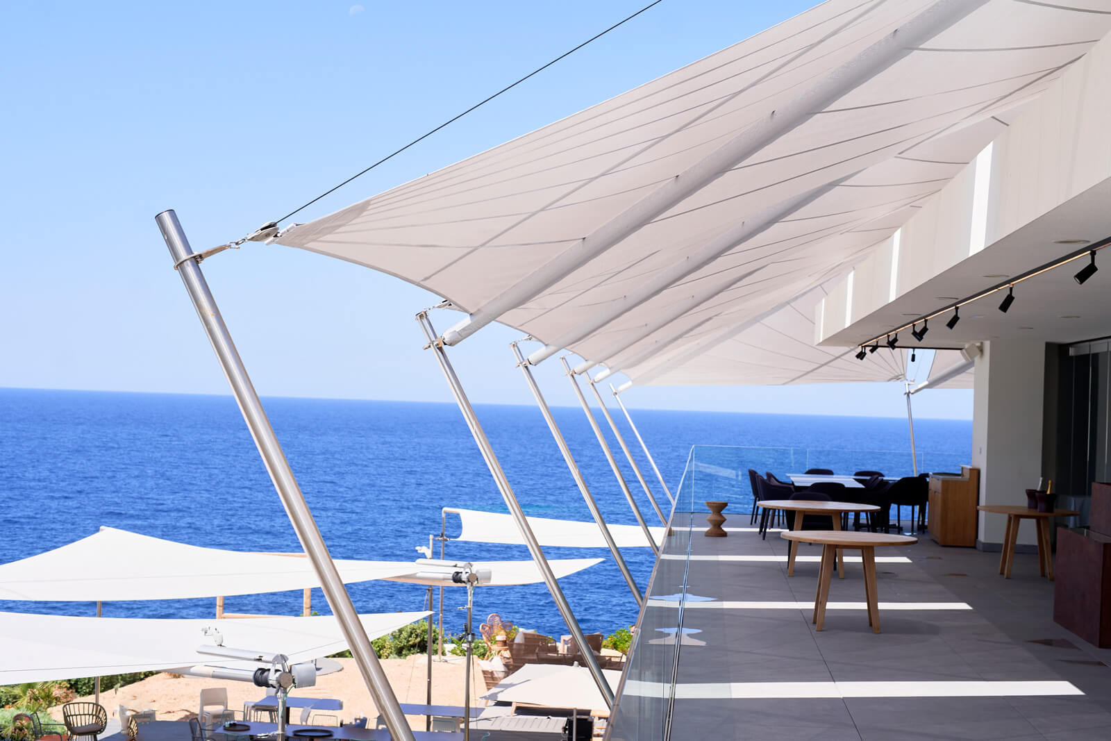 Sun Sail commercial installation on Balearic hotel or restaurant terrace — fully installed including BMS integration, commercial motor and full commissioning 2026