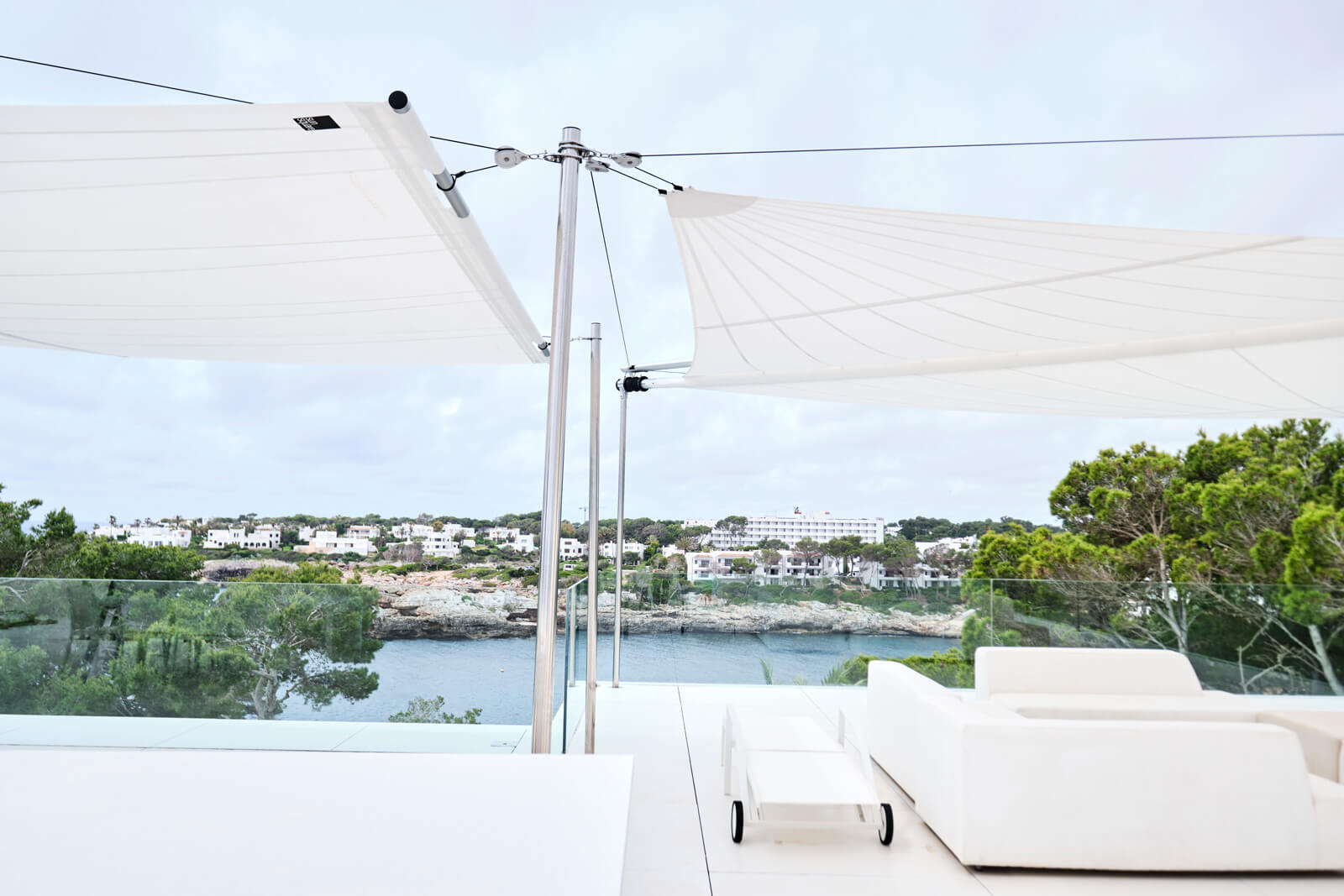 Sun Sail large-span installation on Mallorca or Ibiza luxury terrace — INCOMPAR atelier in Campos, free design consultation and structural proposal