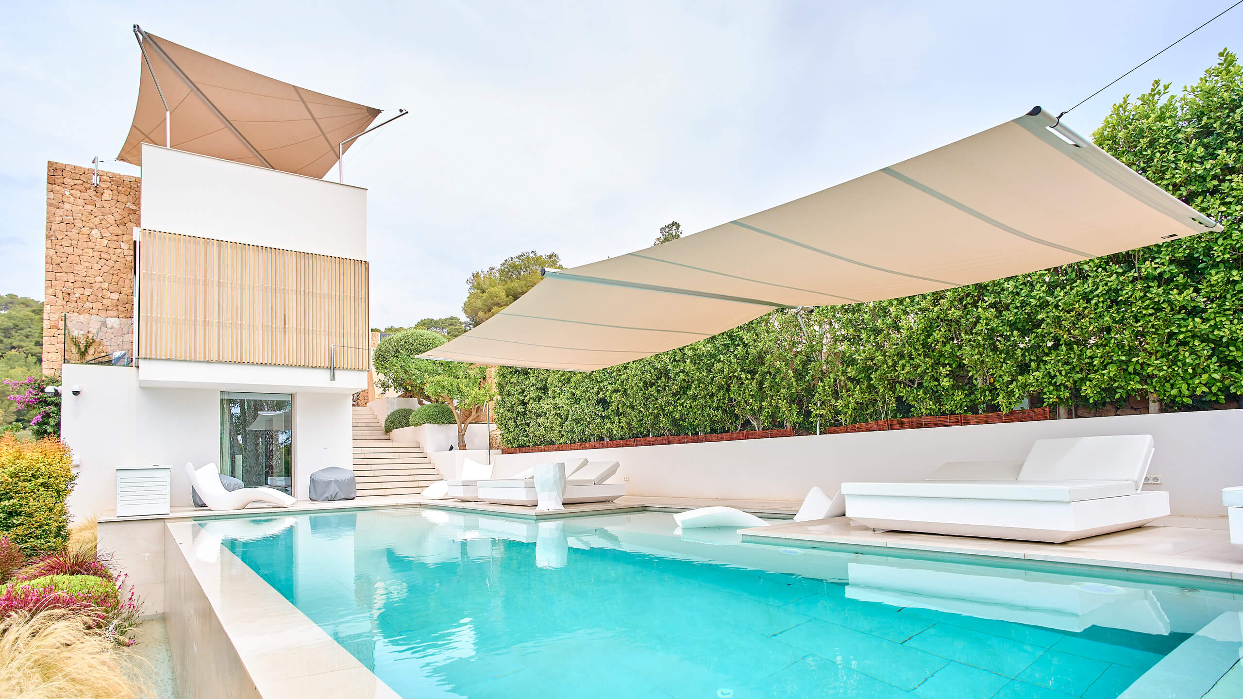 Sun Sail installed on Mallorca or Ibiza luxury villa terrace — transparent pricing, fully installed