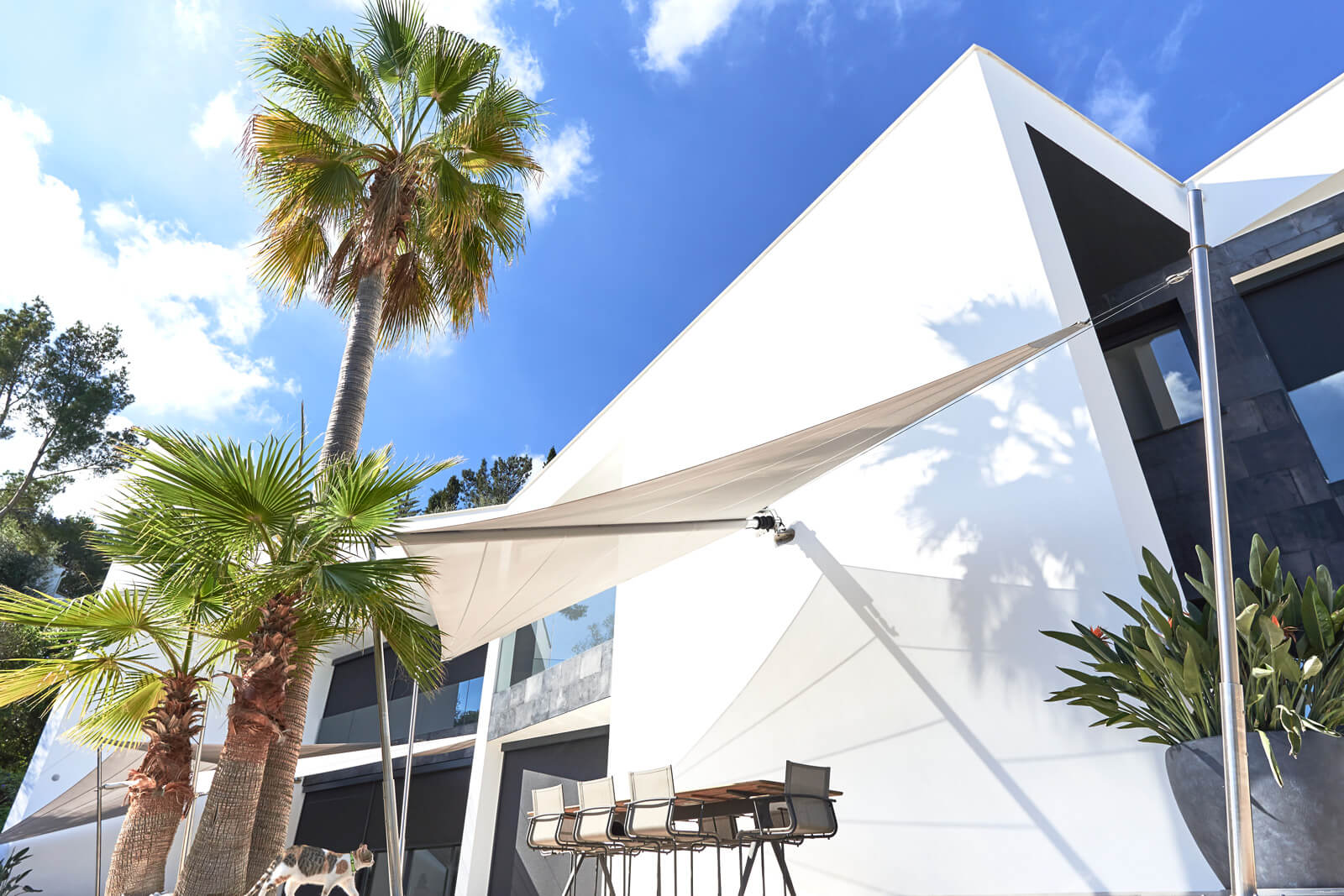 Sun Sail residential installation on Mallorca or Ibiza private villa terrace —fully installed including motor, wind sensor, structure and commissioning 2026